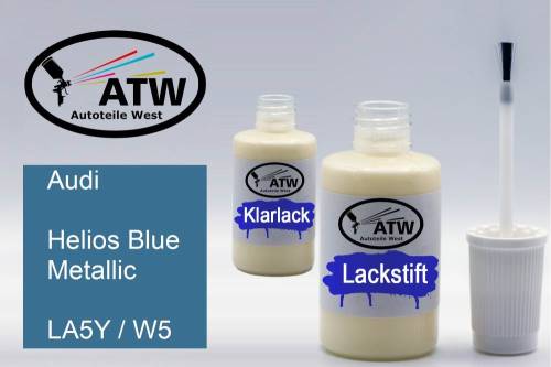 Audi, Helios Blue Metallic, LA5Y / W5: 20ml Lackstift + 20ml Klarlack - Set, von ATW Autoteile West.